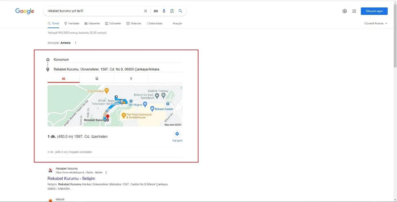 Şekil 12: 2023 Yılında SERP’te Yer Alan “Haritalar” Özelliği