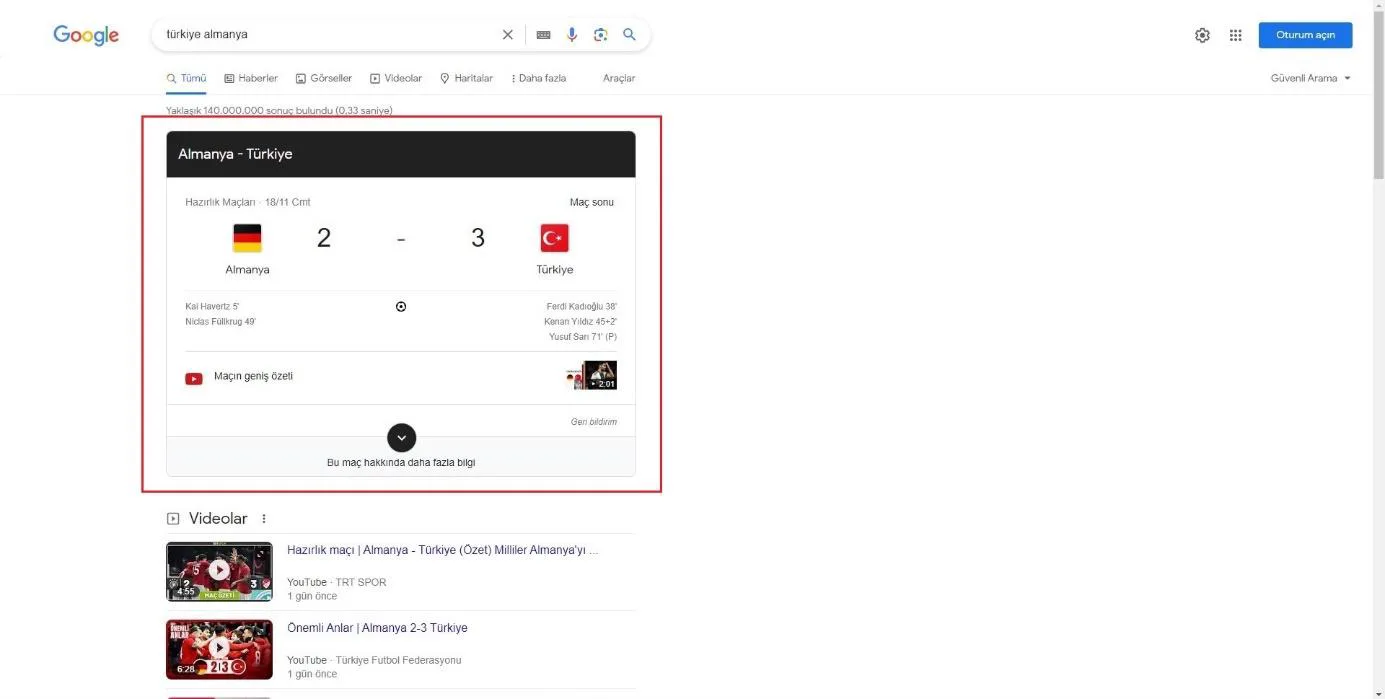 Şekil 24: 2023 Yılında SERP’te Yer Alan “Spor” Özelliği