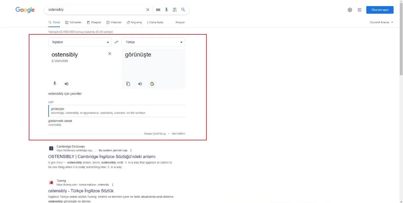 Şekil 27: 2023 Yılında SERP’te Yer Alan “Google Çeviri” Özelliği