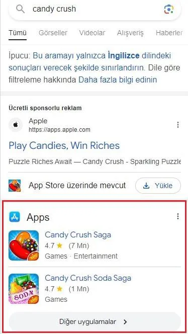 Şekil 30: 2023 Yılında SERP’te Yer Alan “Uygulama” Özelliği
