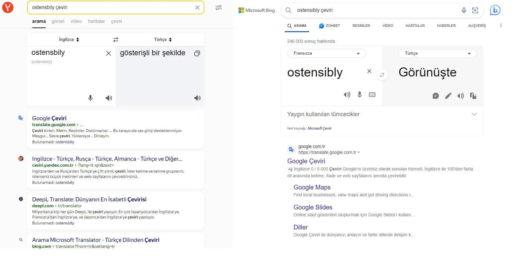 Şekil 39: YANDEX’in ve BING’in Çeviri Özelliğine İlişkin Ekran Görüntüsü