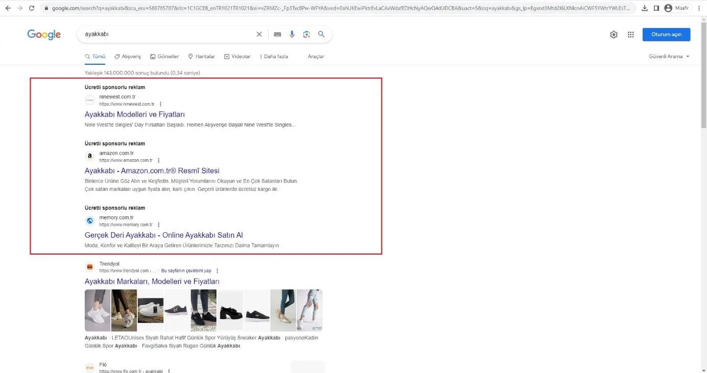 Şekil 5: 2023 Yılında SERP’te Yer Alan Metin Reklamları