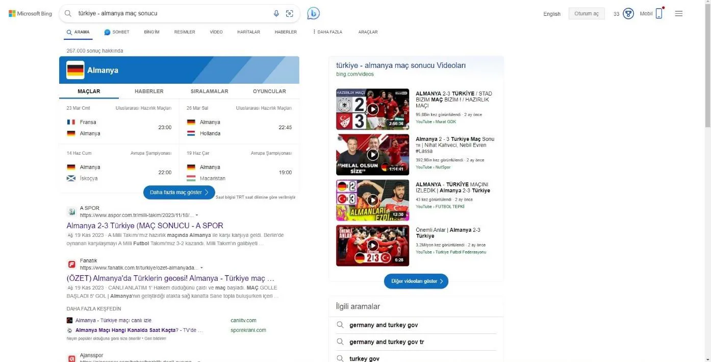 Şekil 41: BING'in Spor Özelliğine İlişkin Ekran Görüntüsü