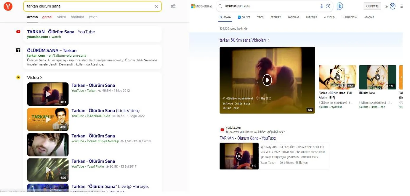 Şekil 42: YANDEX’in ve BING’in Video Özelliğine İlişkin Ekran Görüntüsü