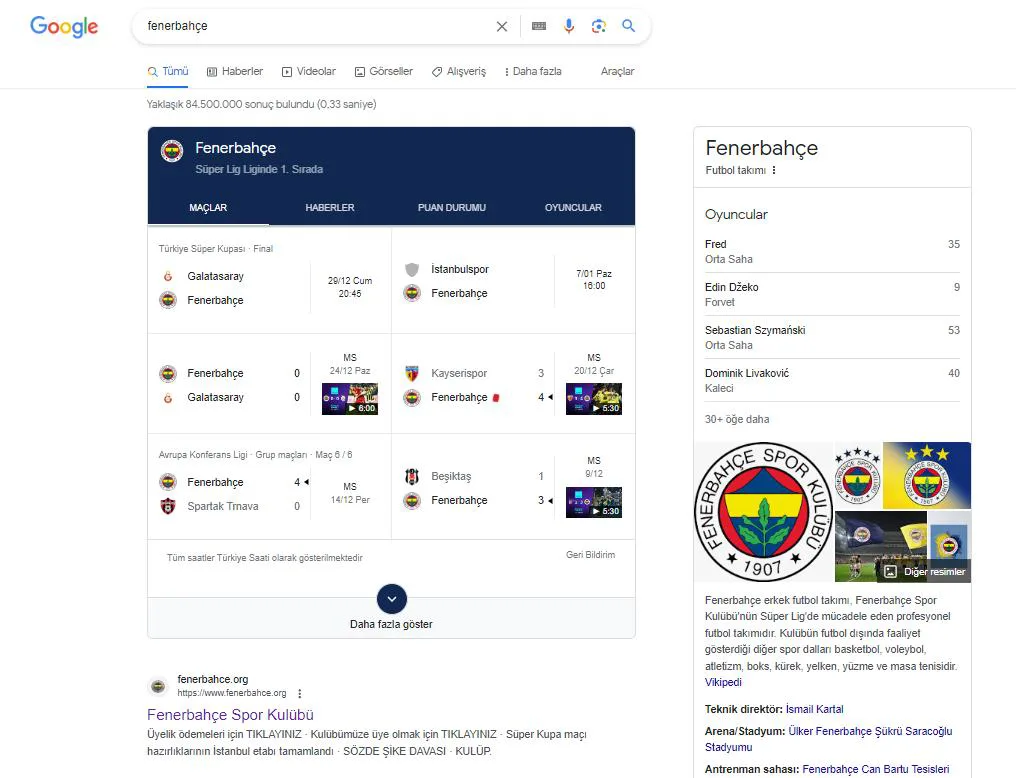 Şekil 59: “Fenerbahçe” Sorgu Kelimesine İlişkin GOOGLE Arama Sonuç Sayfası Ekran Görüntüsü