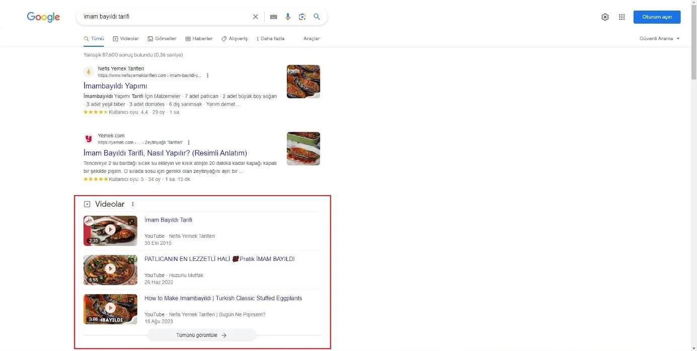 Şekil 8: 2023 Yılında SERP’te Yer Alan “Videolar” Özelliği