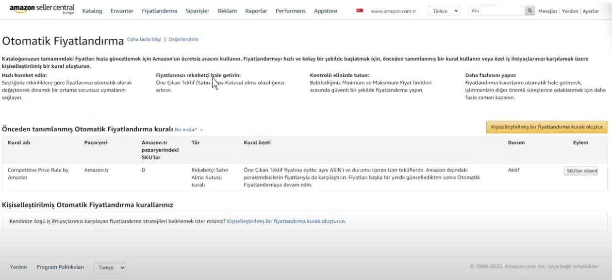 Şekil 2: Amazon Otomatik Fiyatlandırma Sistemi Ekranı - I