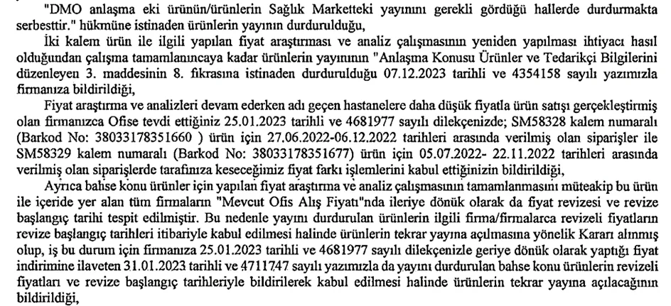 Şekil 5 : Teşebbüse DMO Tarafından Tebliğ Edilen Yazının İlgili Bölümü