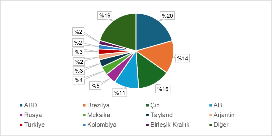 Grafik-1: 2025 Yılı Dünya Piliç Eti Üretim Miktarının Ülkelere Göre Yüzdesel Dağılımı