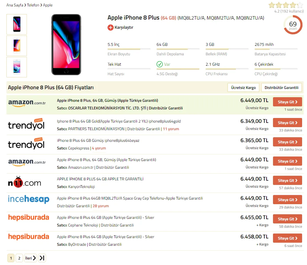 Şekil 12: “iphone 8 plus 64 GB” için EPEY Arama Sonuçları