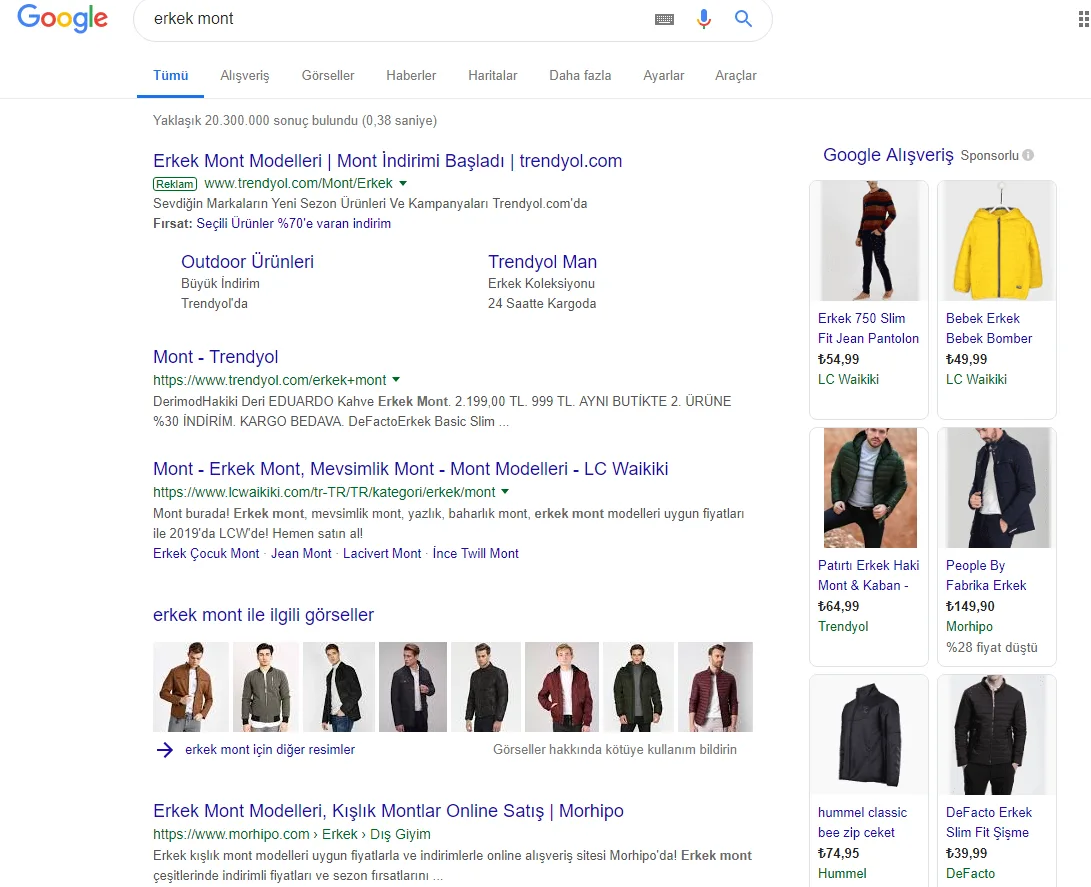 Şekil 15: “erkek mont” Arama Kelimeleri için GOOGLE Sonuçları