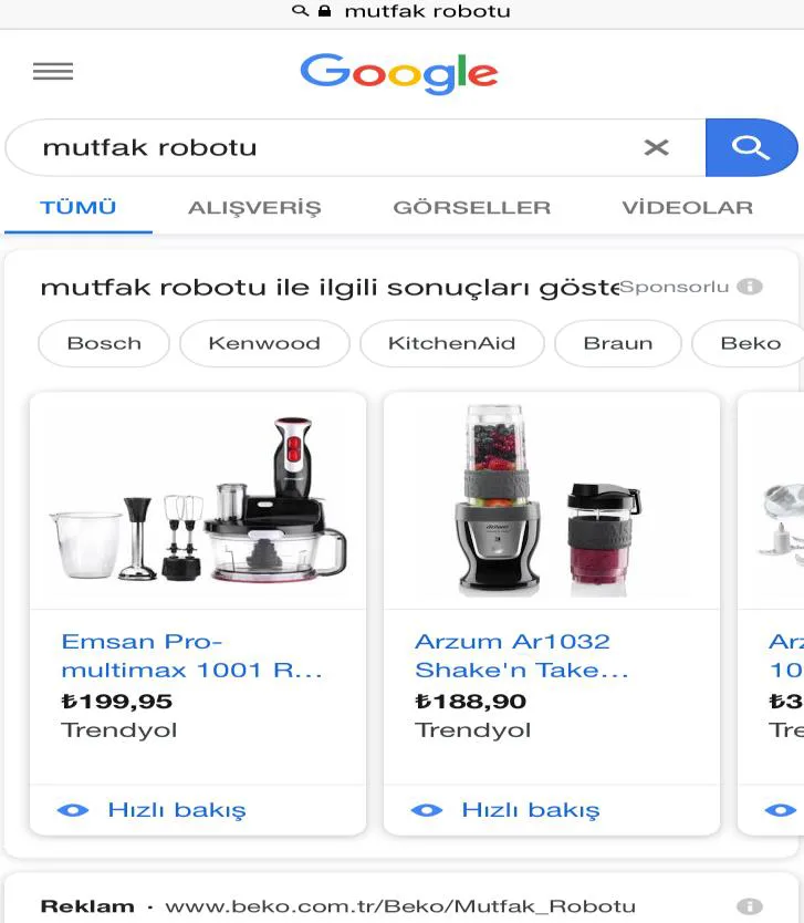 Şekil 17: “mutfak robotu” Arama Kelimeleri için Mobil GOOGLE Sonuçları