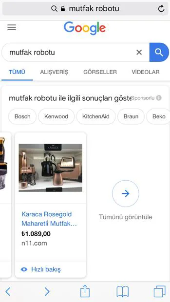 Şekil 18: “mutfak robotu” Arama Kelimeleri için Mobil GOOGLE Sonuçları