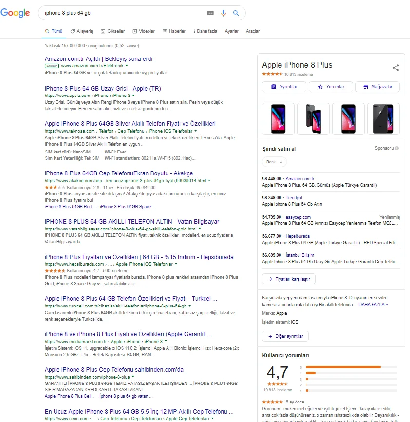 Şekil 8: “iphone 8 plus 64 gb” için GOOGLE Genel Sonuç Sayfası Sonuçları