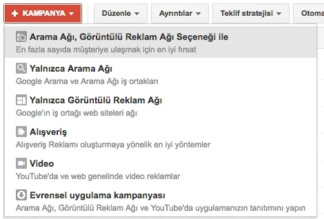 Şekil 1: AdWords Kampanya Türü Seçenekleri