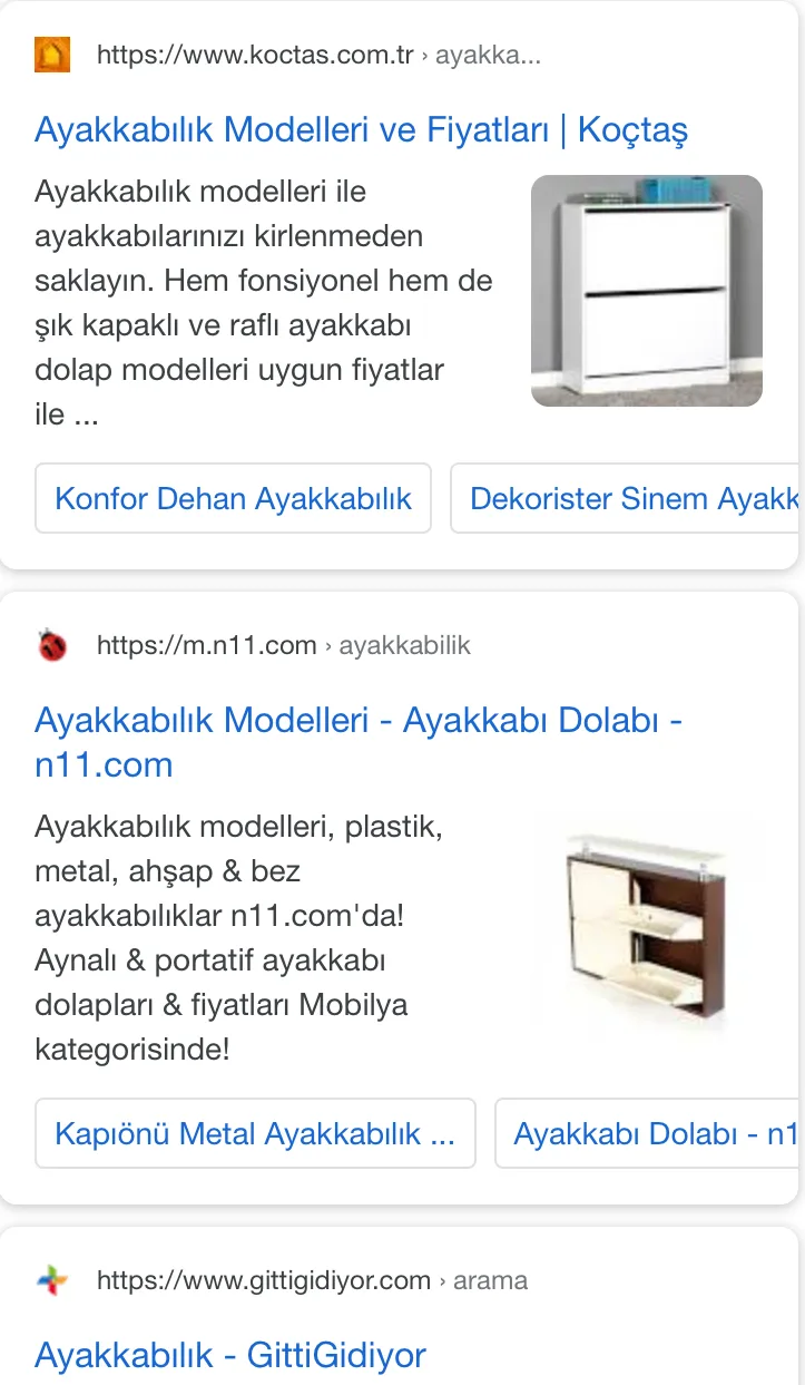 Şekil 19: “Ayakkabılık” Sorgusuna Ait Cep Telefonu Organik Sonuçlar Ekran Görüntüsü