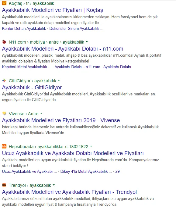 Şekil 20: “Ayakkabılık” Sorgusuna Ait Masaüstü Organik Sonuçlar Ekran Görüntüsü