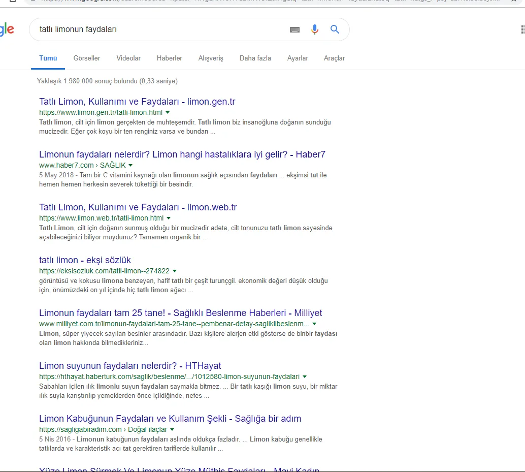 Şekil 11: Adwords Reklamı Bulunmayan Bir Sorgunun Masaüstü Bilgisayarı İlk Ekran Görüntüsü