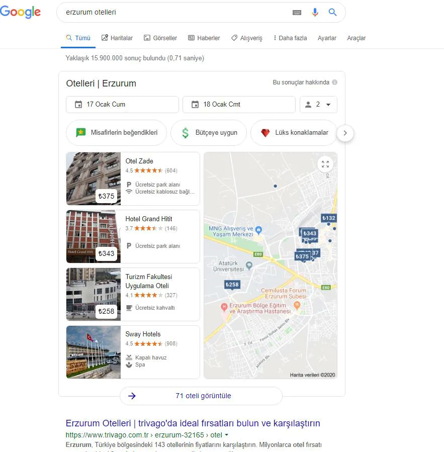 Şekil 2: Google Arama Sonuçlarında Local Unit’in Gösterim Şekli [4]