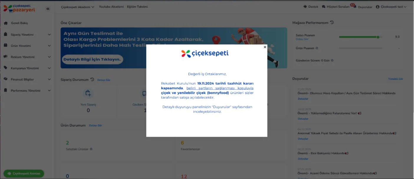 Şekil 5: 13.02.2025 Tarihinde Tüm Üçüncü Taraf Satıcılara Panel Üzerinden Yapılan Duyurunun Pop-Up (Aniden Açılır Pencere) Ekran Görüntüsü