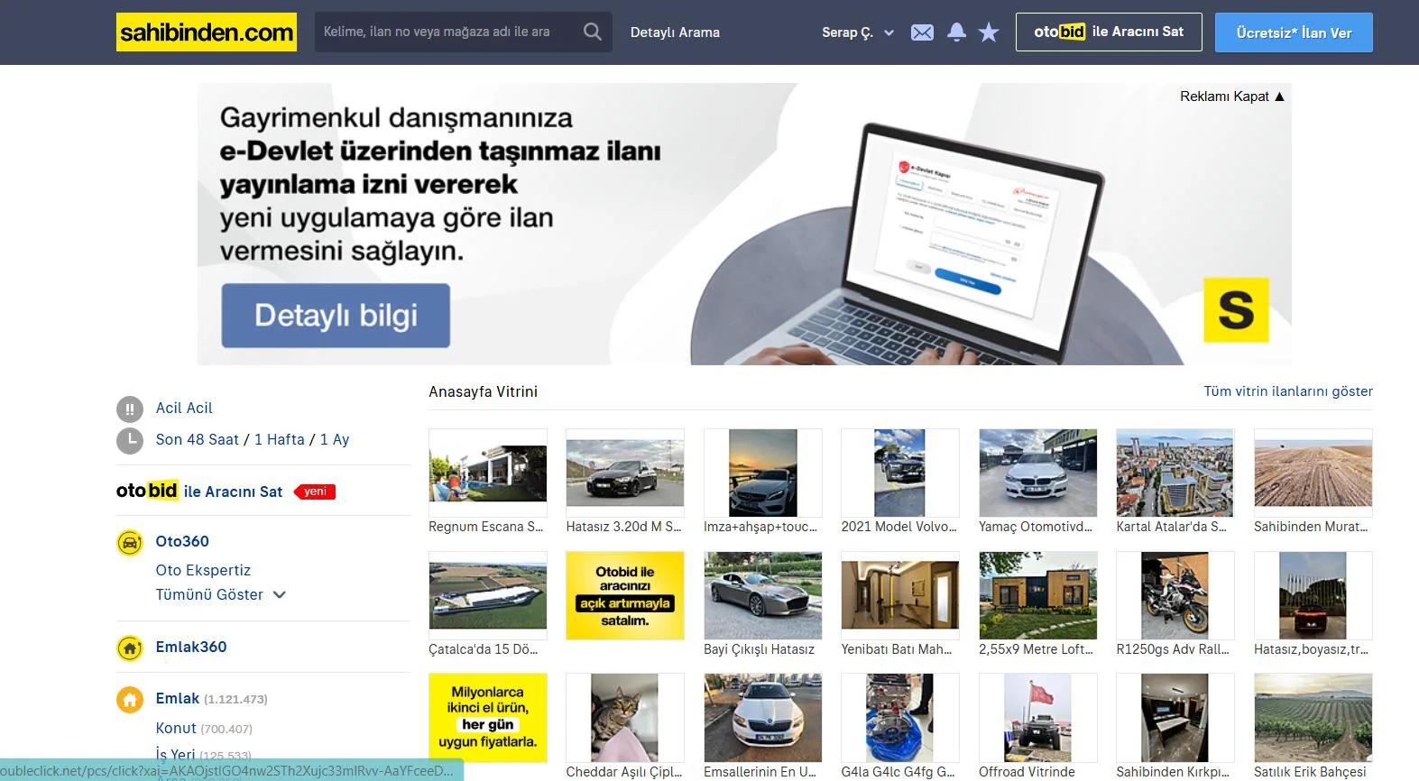 Şekil 3: SAHİBİNDEN Ana Sayfasında Yer Alan Reklam Alanları