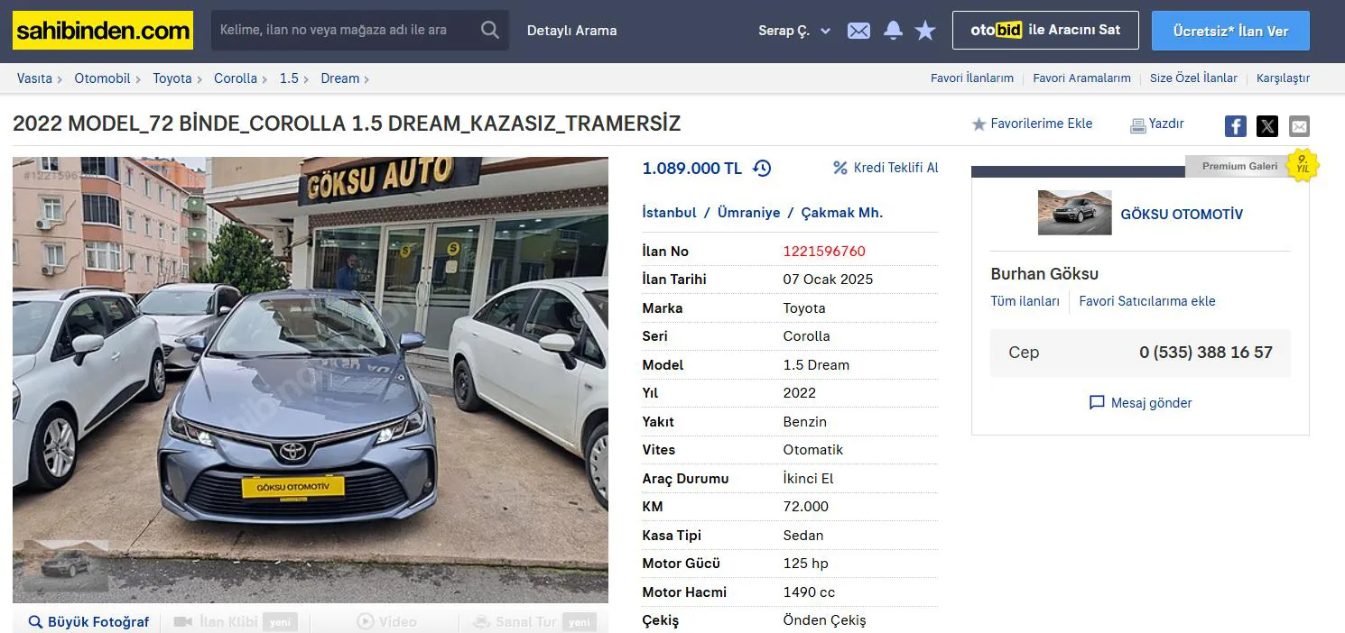 Şekil 5: SAHİBİNDEN Vasıta Kategorisi İlan Detay Sayfasında Yer Alan Reklam Alanları