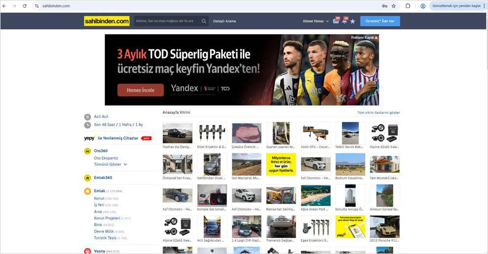 Şekil 7: SAHİBİNDEN İnternet Sitesi Ana Sayfası Görünümü