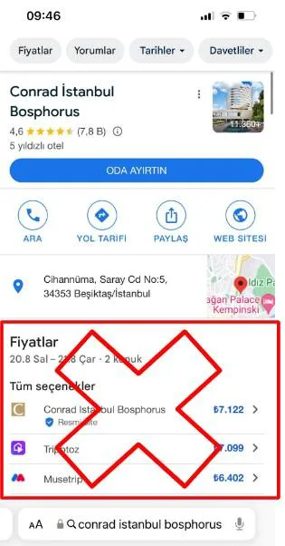 Şekil-1: Üçüncü Taraf Konaklama Fiyat Karşılaştırma ve Otellerin İnternet Sitelerine Yönlendiren Ücretsiz Teklif Bağlantıları (Mobil)