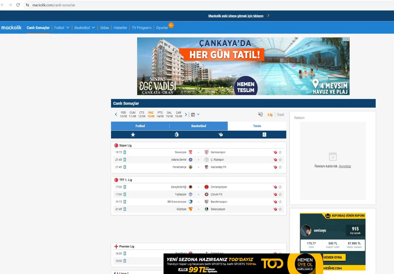 Şekil 3: MAÇKOLİK Yeni İnternet Sitesi Ana Sayfa Banner Reklamlar 53