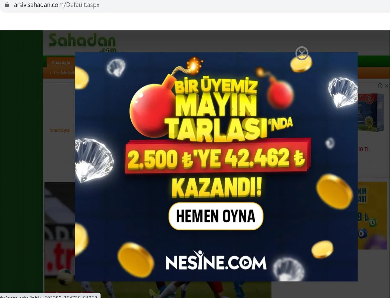 Şekil 6: SAHADAN İnternet Sitesine Girildiğinde Görülen NESİNE Reklamı (Pop-up) 57