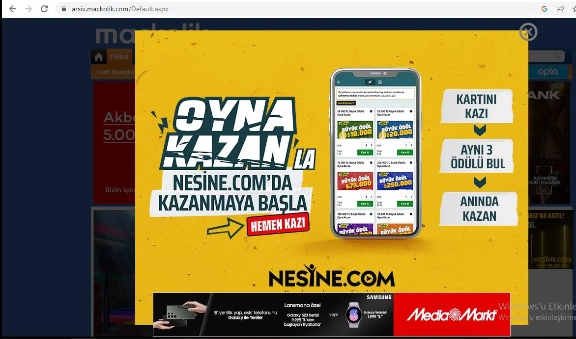 Şekil 1: MAÇKOLİK İnternet Sitesine Girildiğinde Görülen NESİNE Reklamı (Pop-up)
