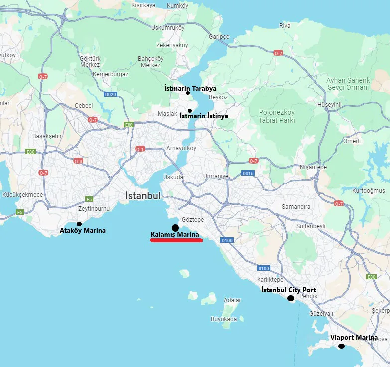 Şekil -2: KALAMIŞ YAT LİMANI’nın Yer Aldığı İstanbul İli Kadıköy İlçesine 40 Km ve Altında Mesafede Yer Alan Marinalar