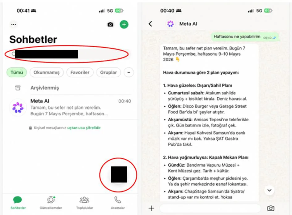 Şekil 2: META AI Ürününün WhatsApp Mobil Uygulamasındaki Görünümü