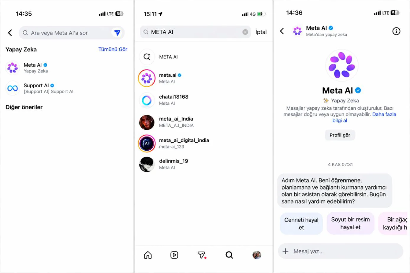 Şekil 3: META AI Ürününün Instagram Mobil Uygulamasındaki Görünümü [57]