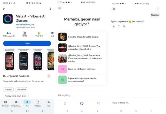 Şekil 6: Android İşletim Sistemine Sahip Mobil Cihaz Üzerinden META AI Aracına Erişim