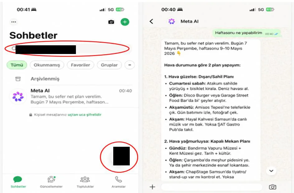 Şekil 7: META AI Ürününün WhatsApp Mobil Uygulamasındaki Görünümü