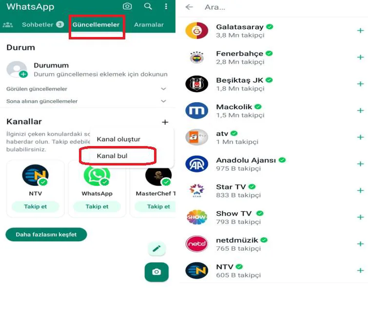 Şekil 2: Kanal Bul Seçeneğine ve Kanal Listesine İlişkin Ekran Görüntüsü 12