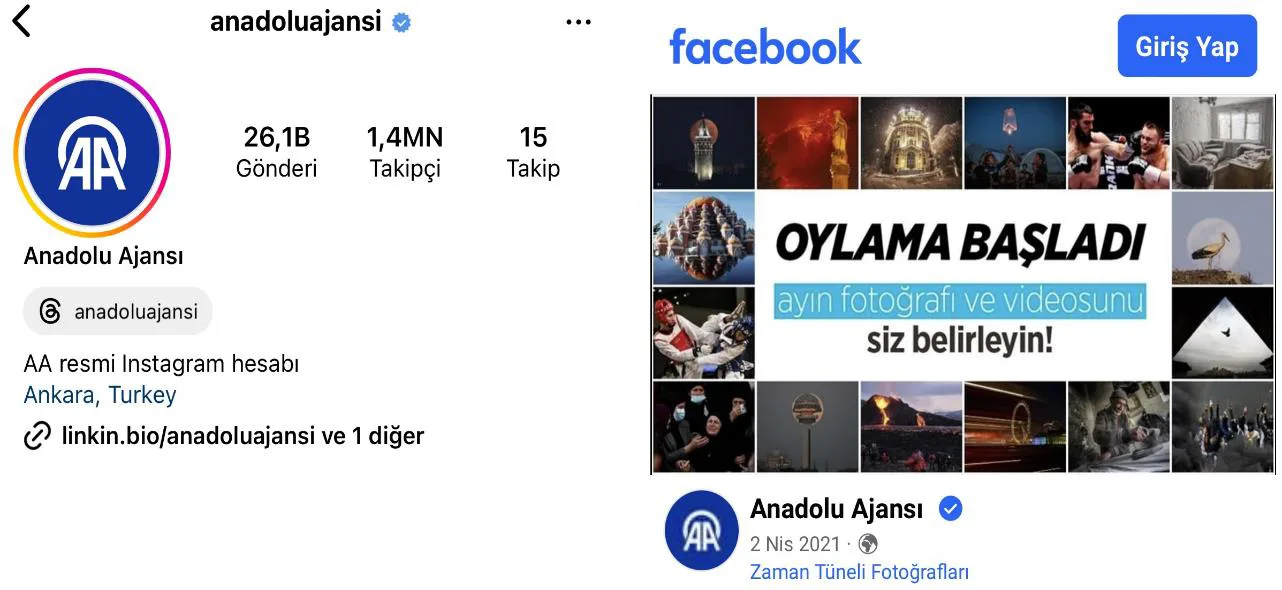 Şekil 7: ANADOLU AJANSI’nın Instagram’daki ve Facebook’taki doğrulanmış hesaplarına dair ekran görüntüleri 73