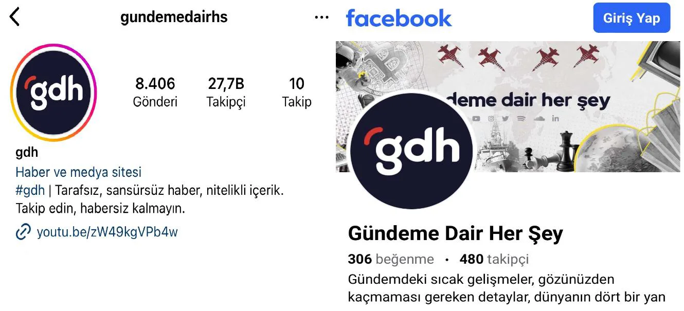 Şekil 8: GDH MEDYA’nın Instagram’daki ve Facebook’taki doğrulanmamış hesaplarına dair ekran görüntüleri 74