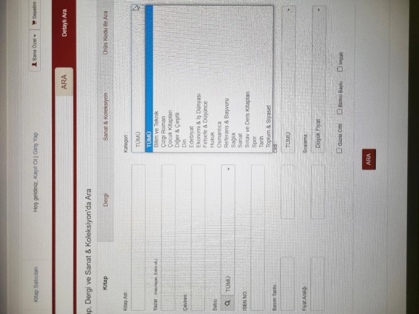Şekil 2: NADİRKİTAP İnternet Sitesinde "Kategori" Sekmesinde Sunulan Seçenekler