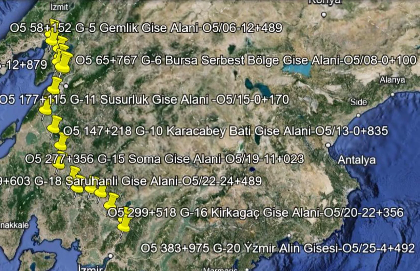 Şekil-3: O-5 Üzerinde Yer Alan Giriş ve Çıkış Gişe Lokasyonları