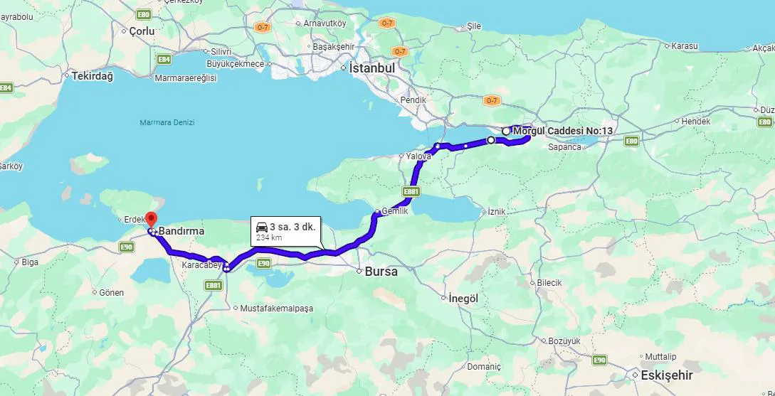 Şekil 8: Güney Marmara ile Kuzeydoğu Marmara Arasındaki Kara Yolu Mesafesi