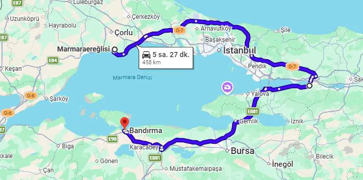 Şekil 9: Güney Marmara ile Kuzeydoğu Marmara Arasındaki Kara Yolu Mesafesi