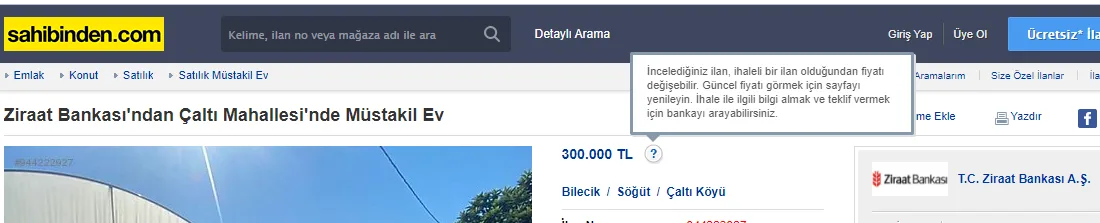 Şekil 4: Bankadan Emlak Sekmesindeki İhaleli Fiyat Oluşumu