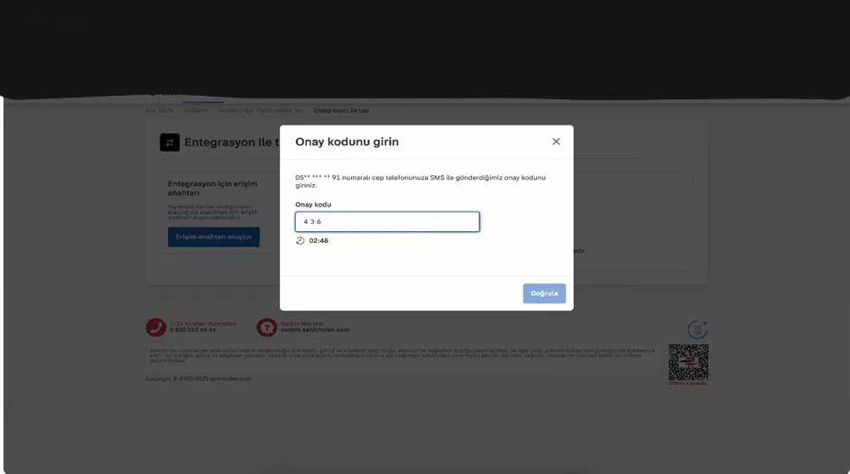 Şekil 7: Tek Kullanımlık SMS Şifre Ekranı