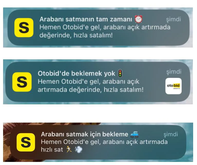 Şekil 1: Otobid Hizmetine ilişkin Olarak Bireysel Kullanıcılara Gönderilen Bildirimler