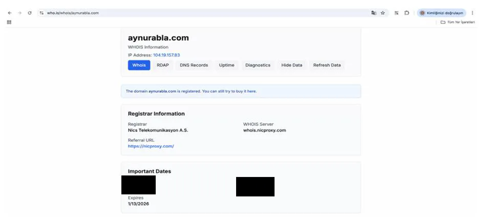 Şekil 4: aynurabla.com Domain Adının Tescil Edilme ve Sona Erme Tarihleri