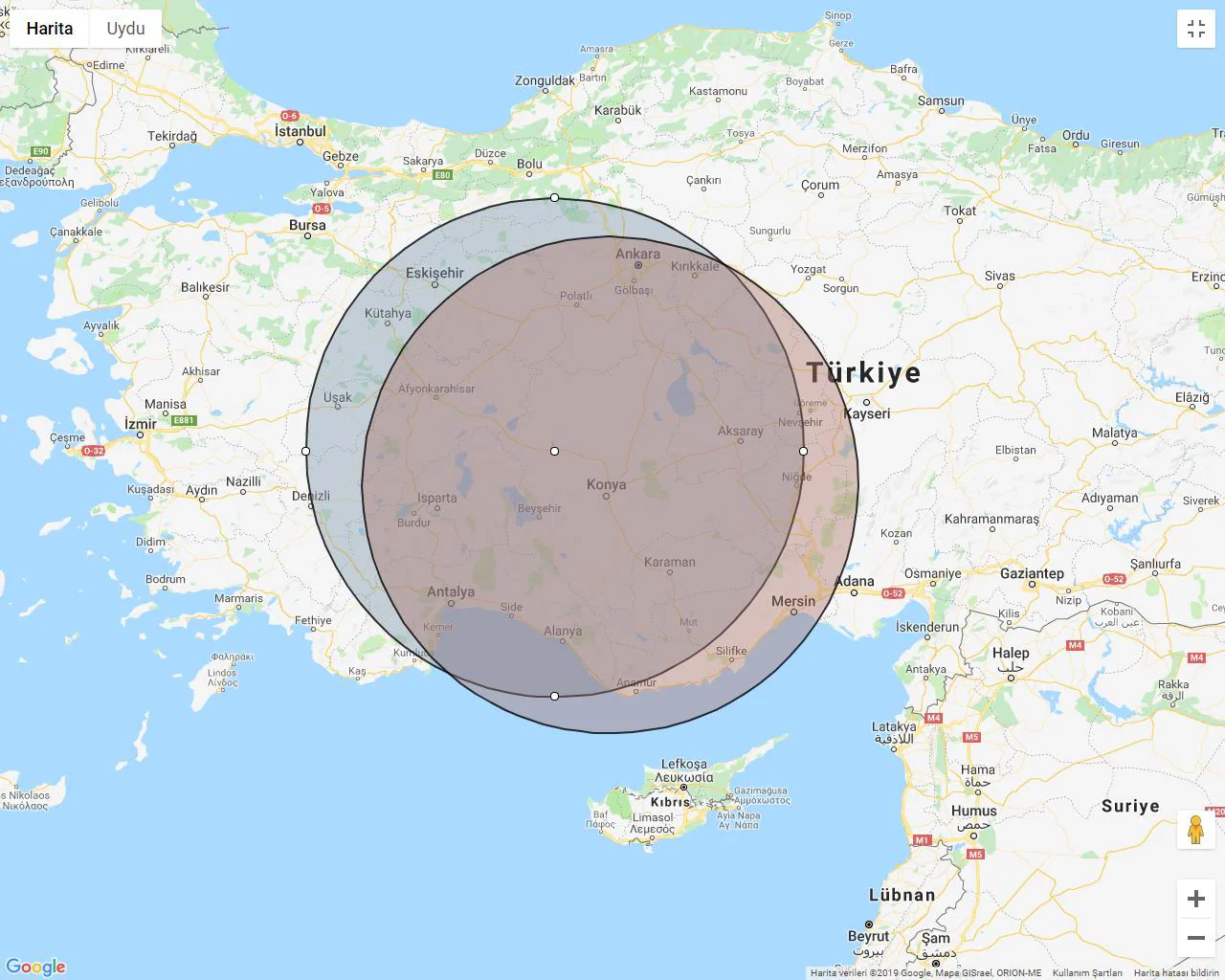 Şekil 1: Tarafları Merkeze Alan 250 km Yarıçaplı Daireler (Mavi: BİKİLTAŞ Merkezli Daire; Mor: KONYA ÇİMENTO Merkezli Daire) 23
