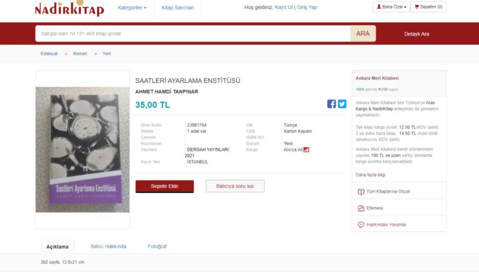 Şekil 1: “Saatleri Ayarlama Enstitüsü” İsimli Kitabın İkinci El ve Yeni Kitap Fiyatlarına İlişkin Ekran Görüntüleri